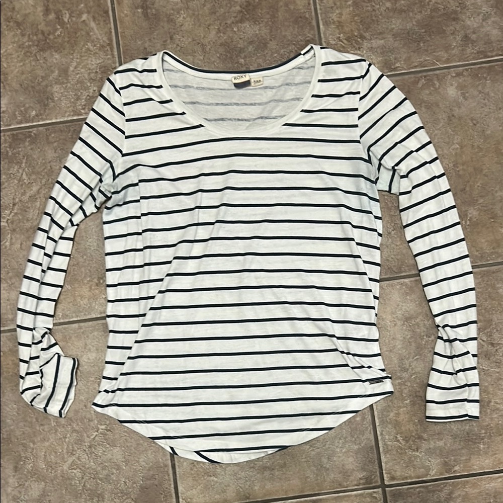 Roxy Women's Navy and White Striped Long Sleeve Top Size Medium